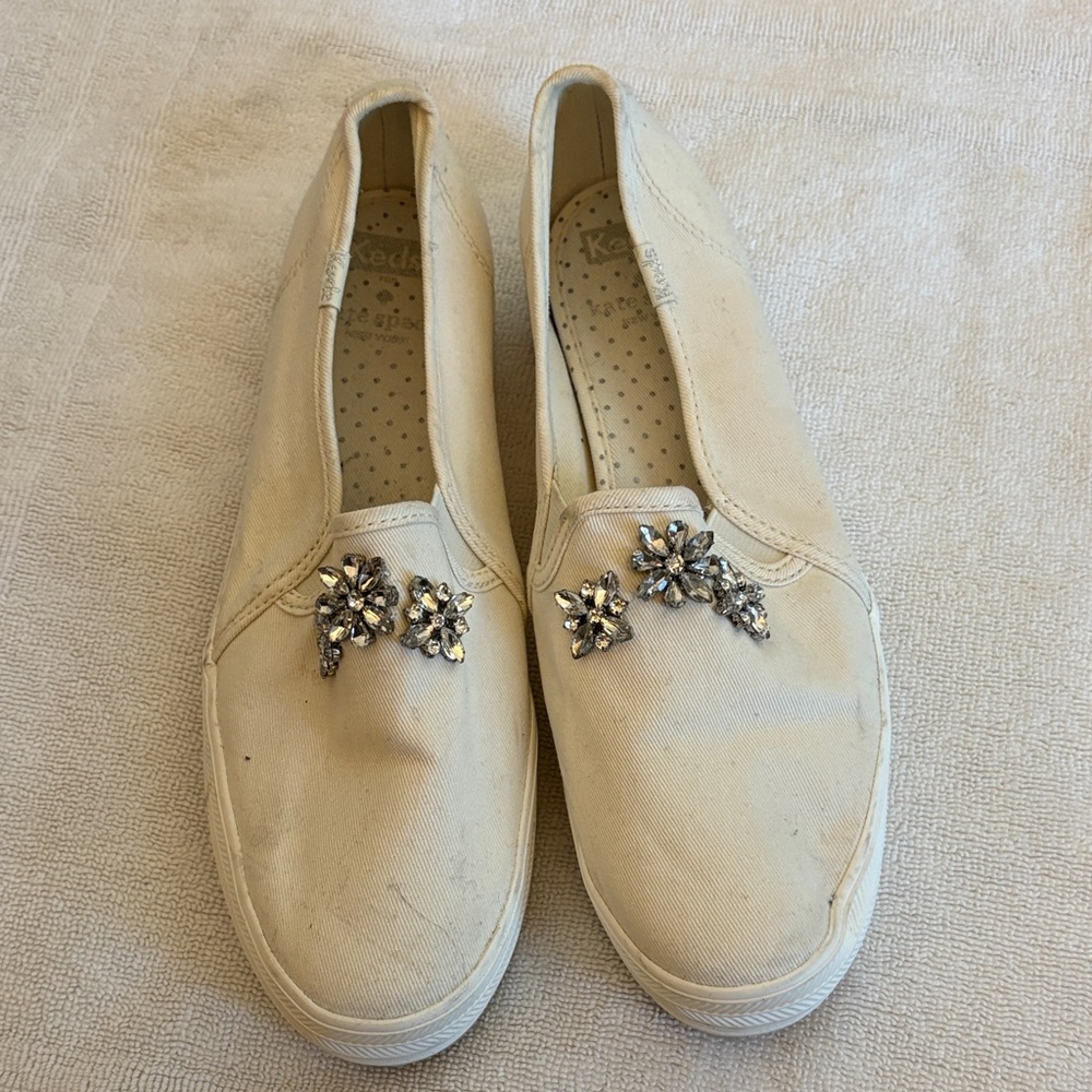 Kate Spade Beige Slip-On Sneakers with Jewel Accents